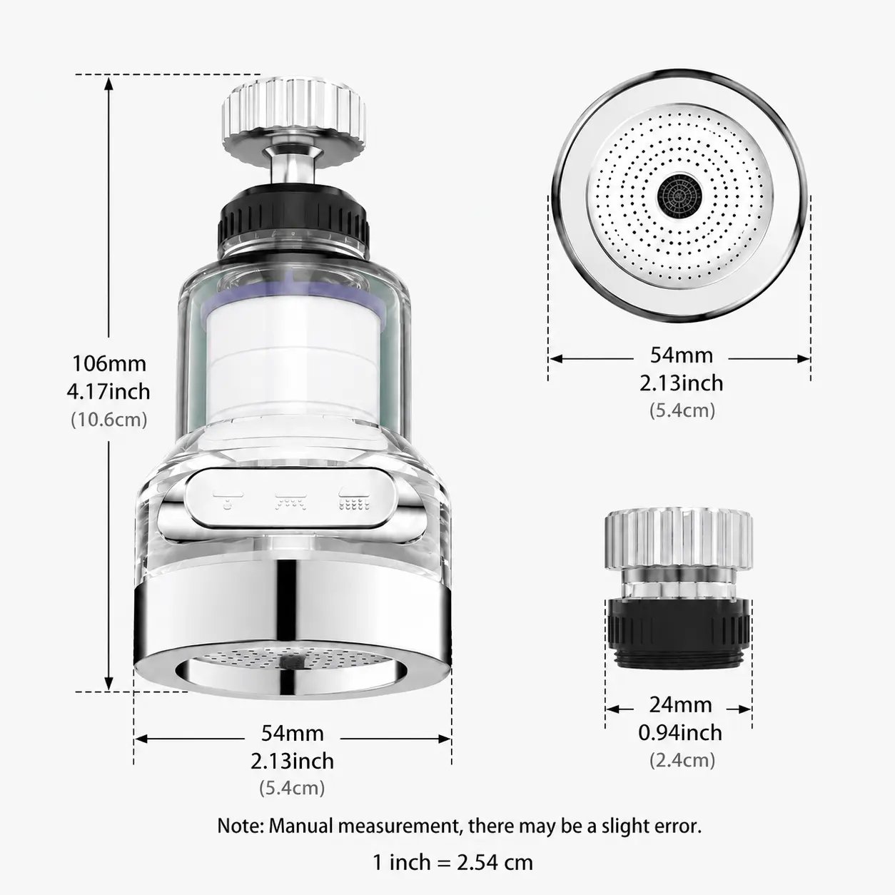 Faucet aerator dimensions showing 106 millimeter height, 54 millimeter width and 24 millimeter connector