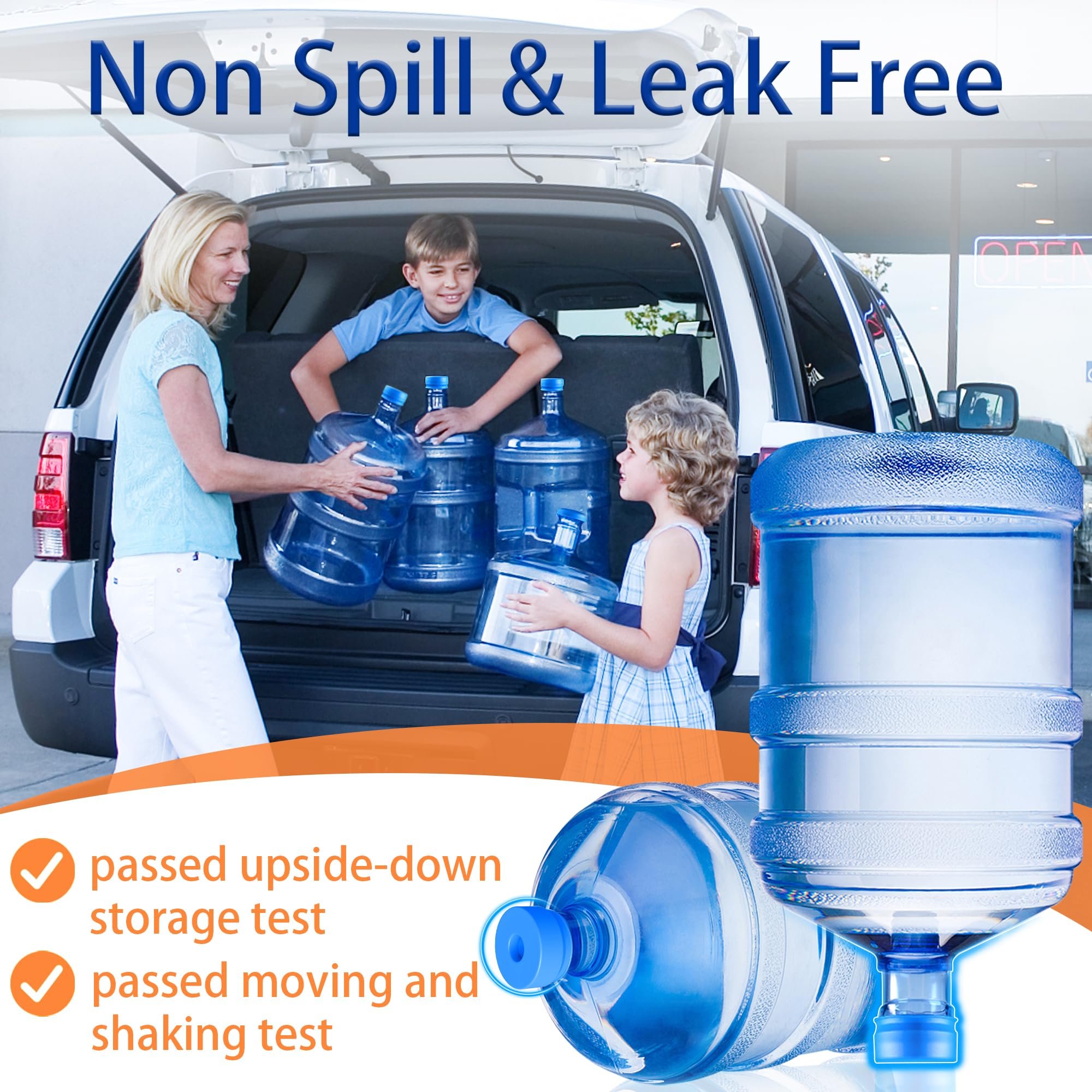 Families using water jugs in a car SUV