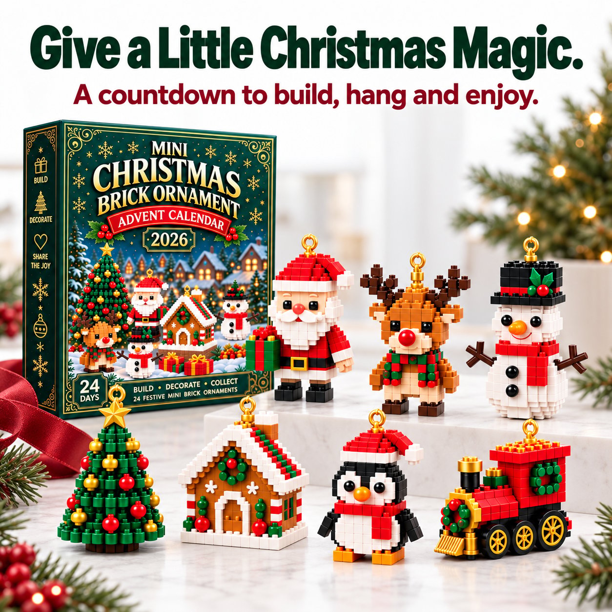 Christmas advent calendar packaging with a selection of completed festive brick ornaments