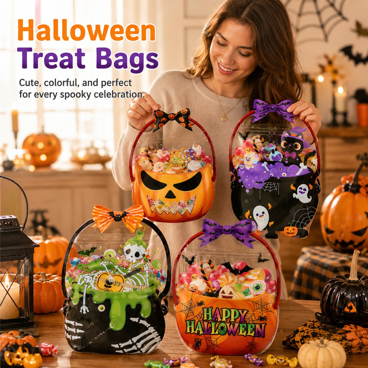 Halloween treat bags filled with colorful wrapped candy in a festive home setting