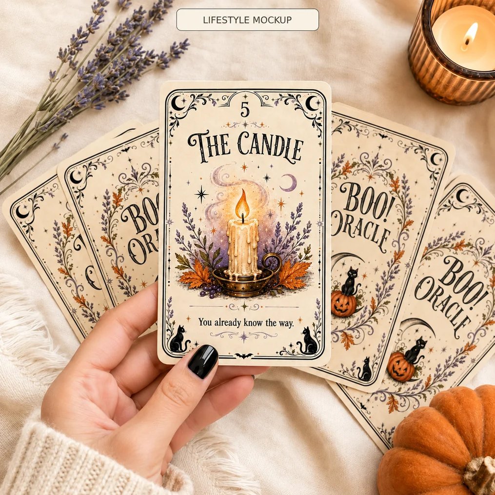 Halloween oracle card held in hand showing the illustrated artwork and message