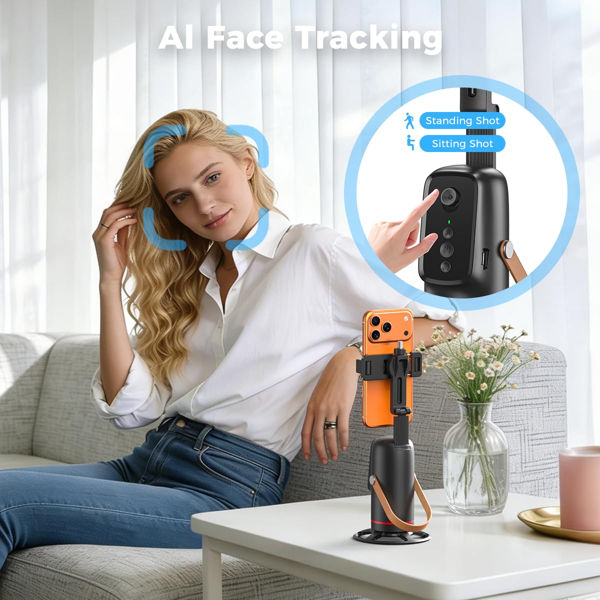 AI face tracking stand with controls for seated and standing shots