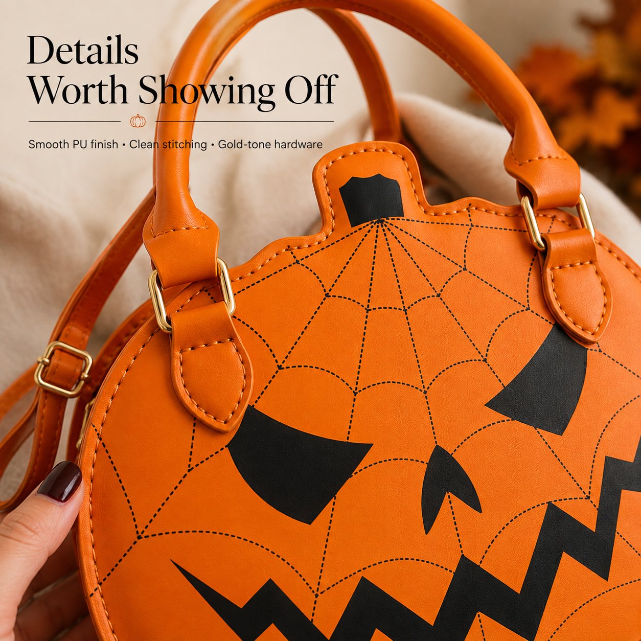 Close-up of orange PU pumpkin handbag with spiderweb print stitching and gold-tone hardware