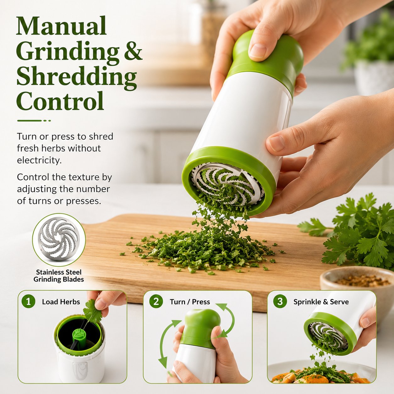 Manual herb grinder and spice shredder for fresh herbs