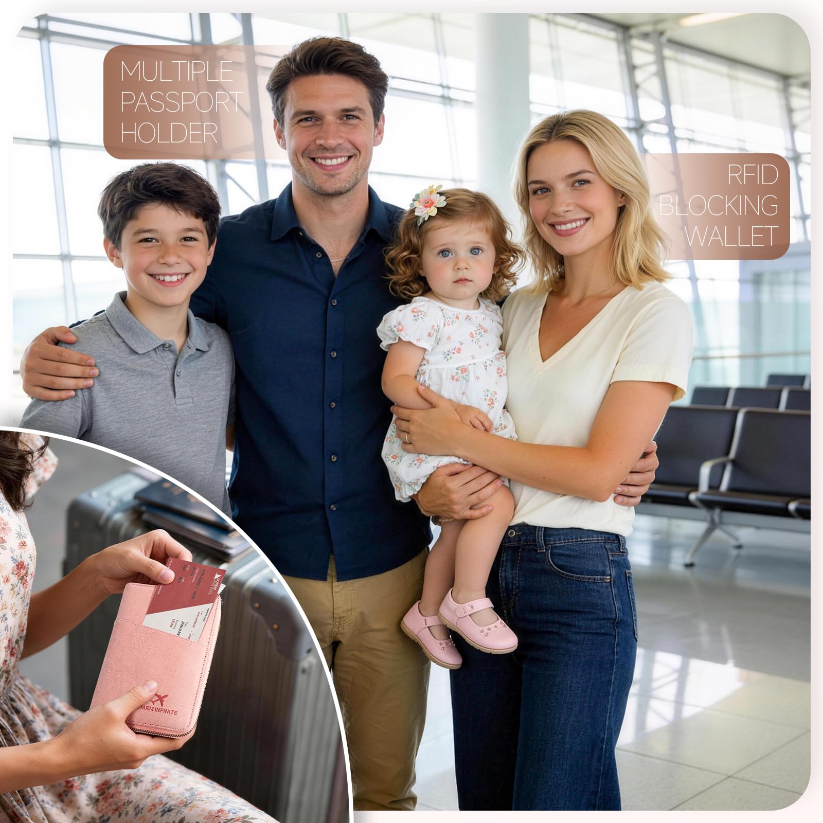 Family travel scene at an airport with a pink passport organizer shown holding boarding passes
