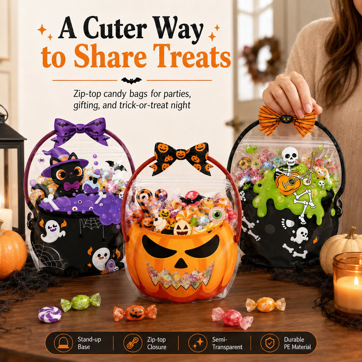 Four available Halloween treat bag designs displayed together