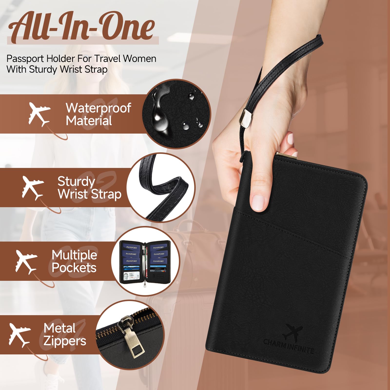 Black travel wallet carried by its wrist strap, with close-ups of the waterproof material, pockets and metal zipper