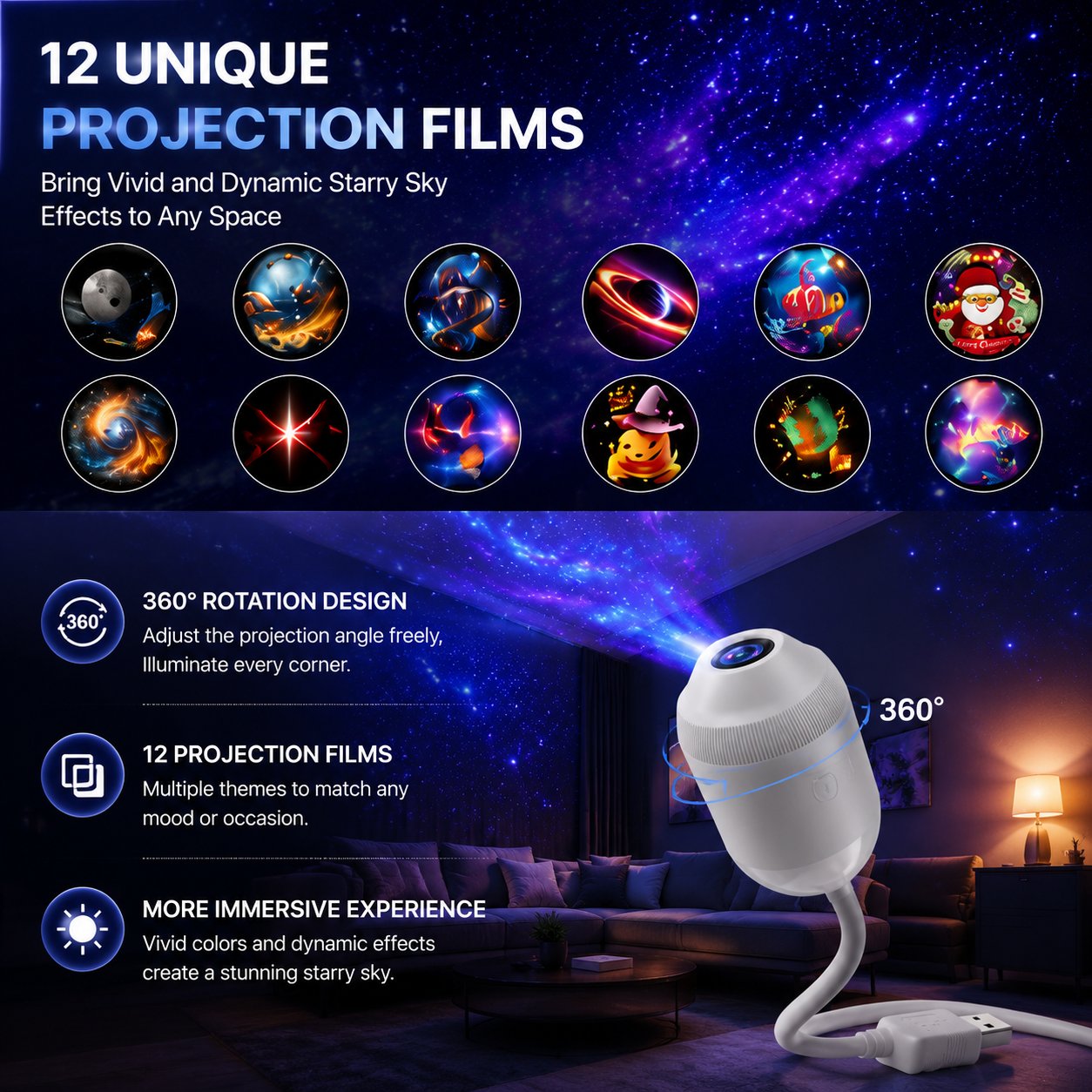 12 Unique Projection Films and 360 Degree Rotation Design