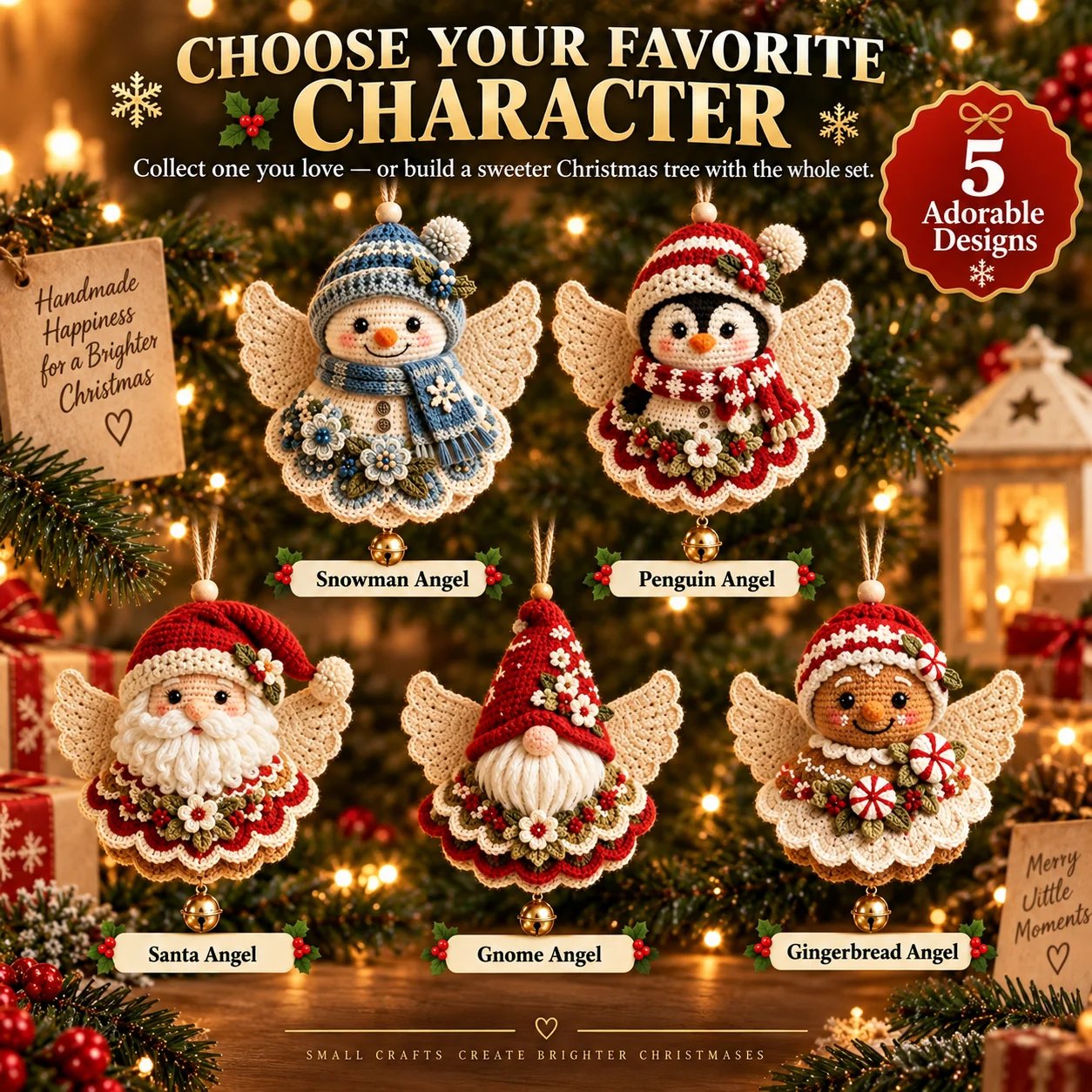 Vijf zelfgemaakte kerstengelfiguren