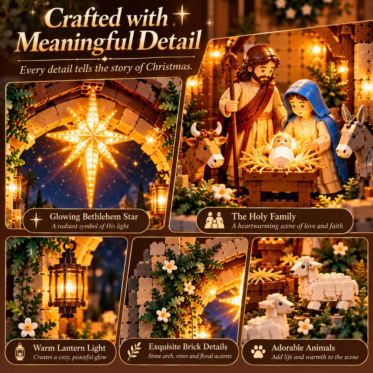 Close-up details of Bethlehem Star Holy Family lanterns greenery and animals
