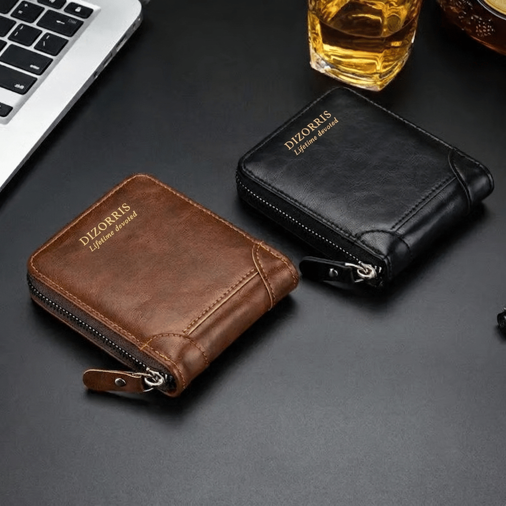 Men's Vintage Leather Zipper Wallets in Brown and Black