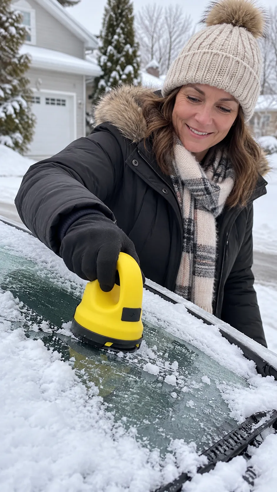 Yellow Electric Snow Scraper clearing snow from car windshield