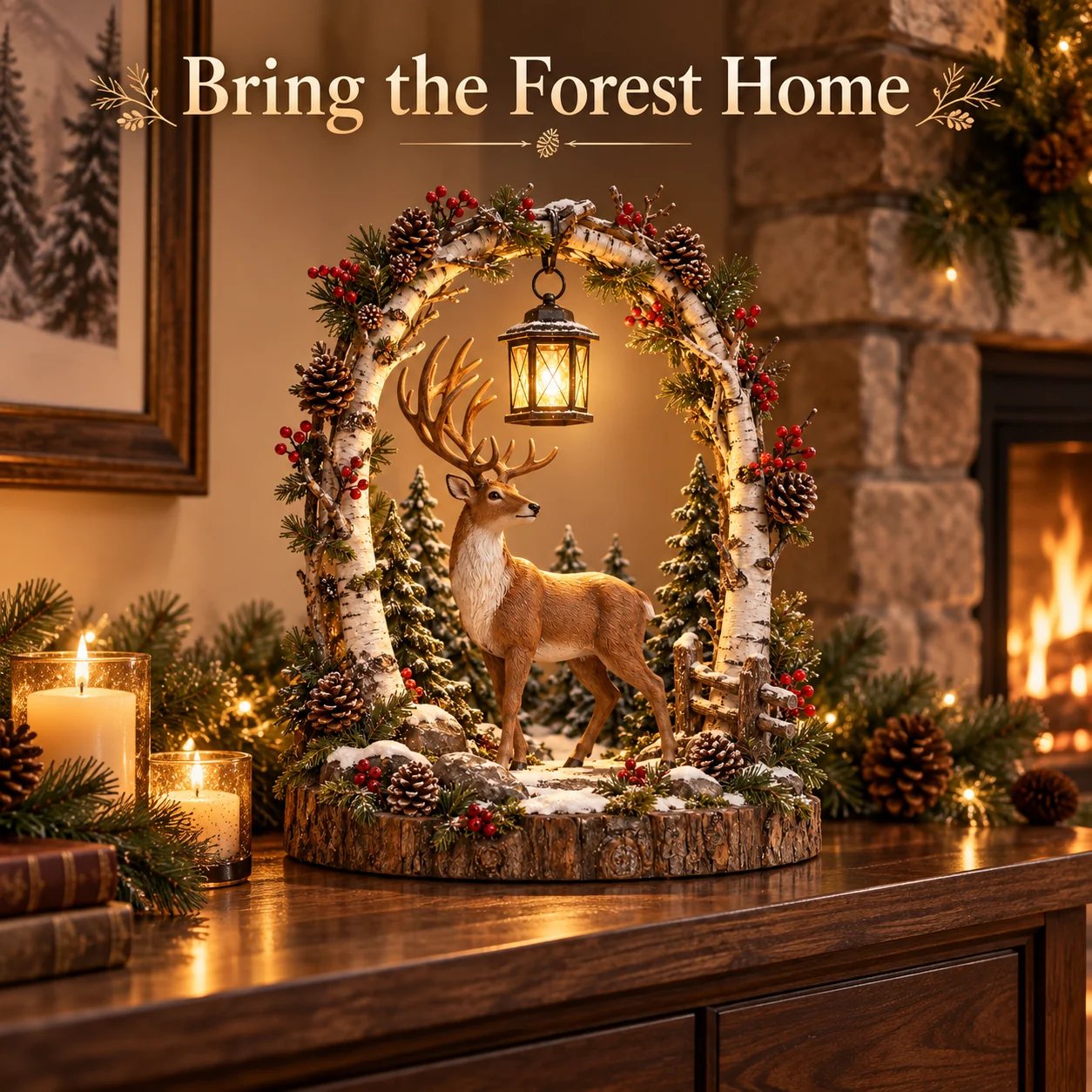 Close-up of warm glowing lantern and reindeer Christmas decoration