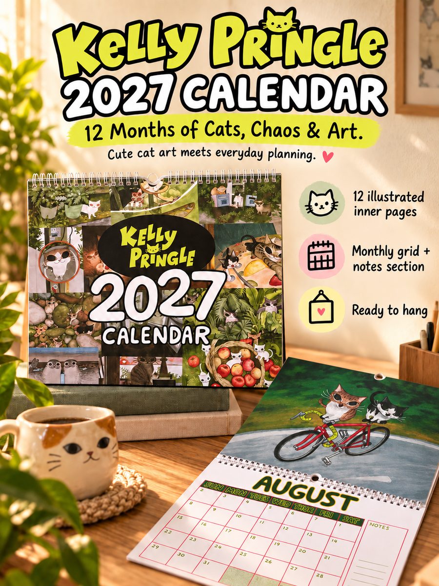 Kelly Pringle 2027 Cat Calendar cover and August page