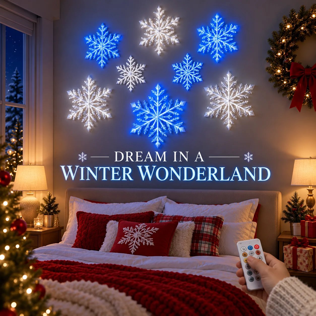 Leuchtende Schneeflocken-Wandlichter im Schlafzimmer Leuchtende Schneeflocken-Wandlichter im Schlafzimmer