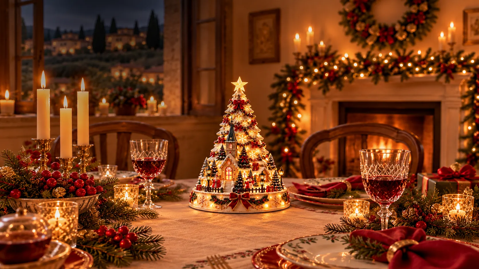 Christmas village styled on a holiday table