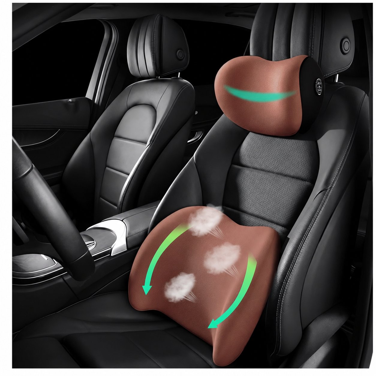 Ergonomic car headrest and lumbar support cushion set installed on car seat