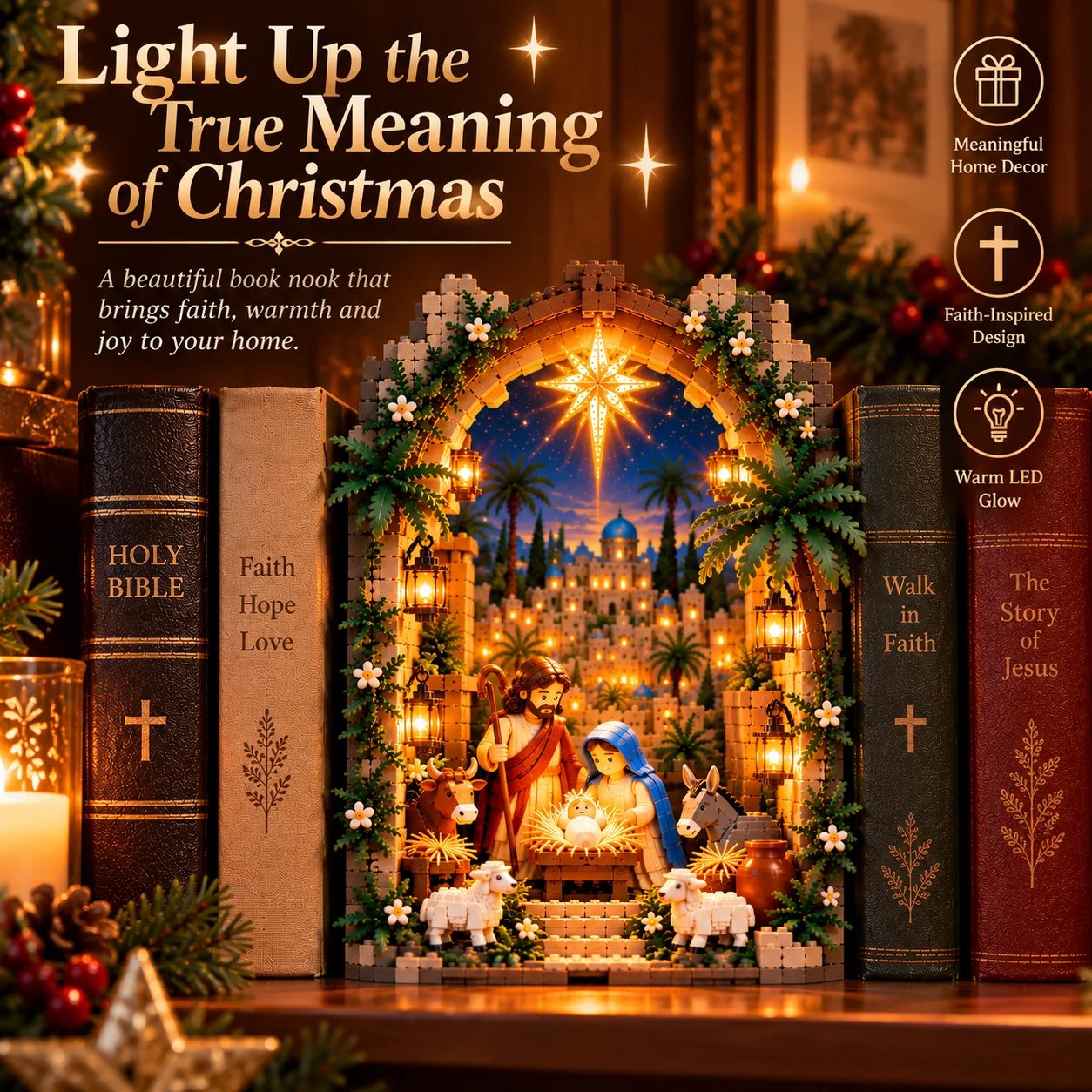 Lighted Bethlehem Nativity Book Nook displayed between faith-inspired books