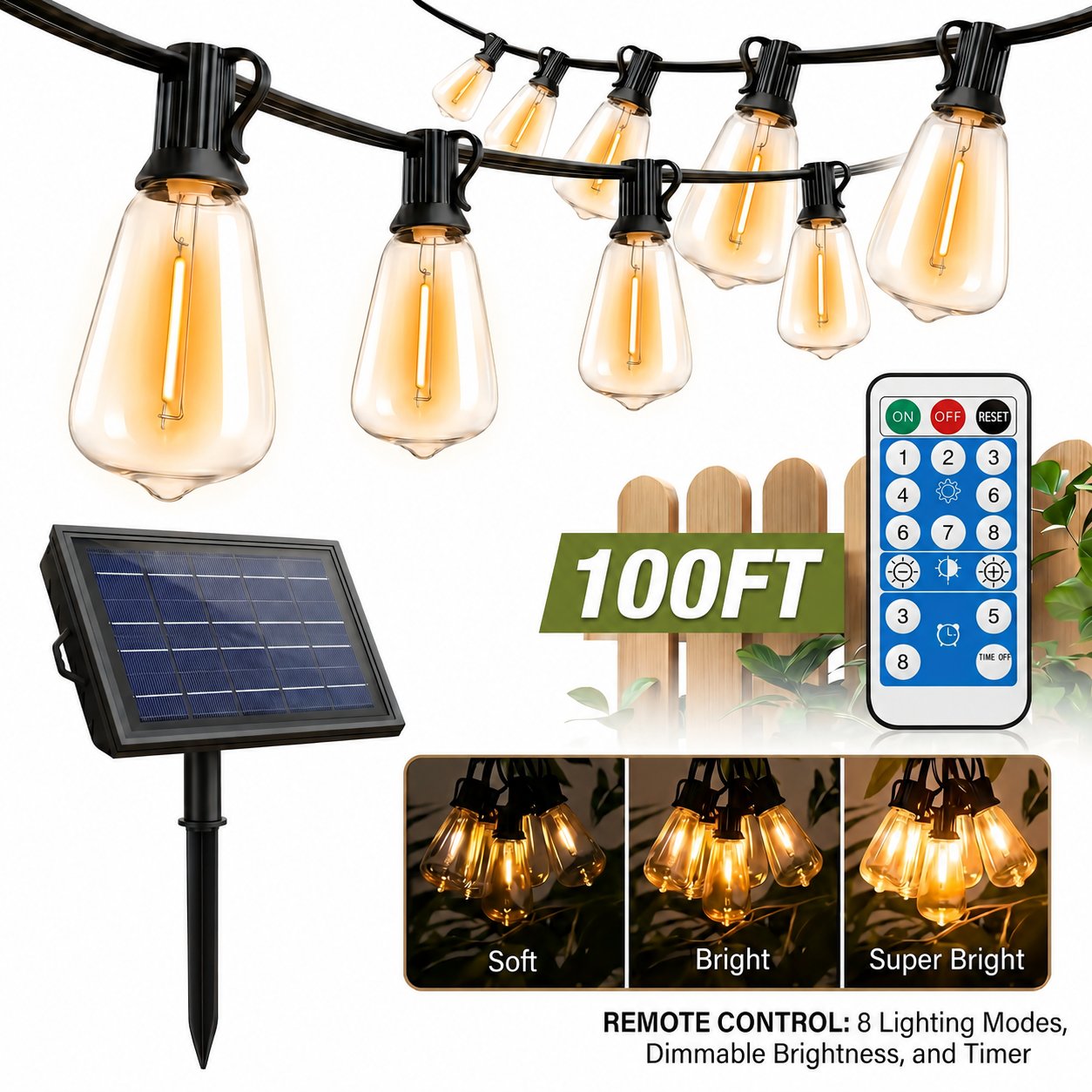 100FT solar patio string lights with remote control brightness adjustment and timer 100FT solar patio string lights with remote control brightness adjustment and timer