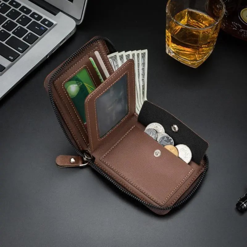 Interior layout showing card slots, ID window, and snap coin pocket