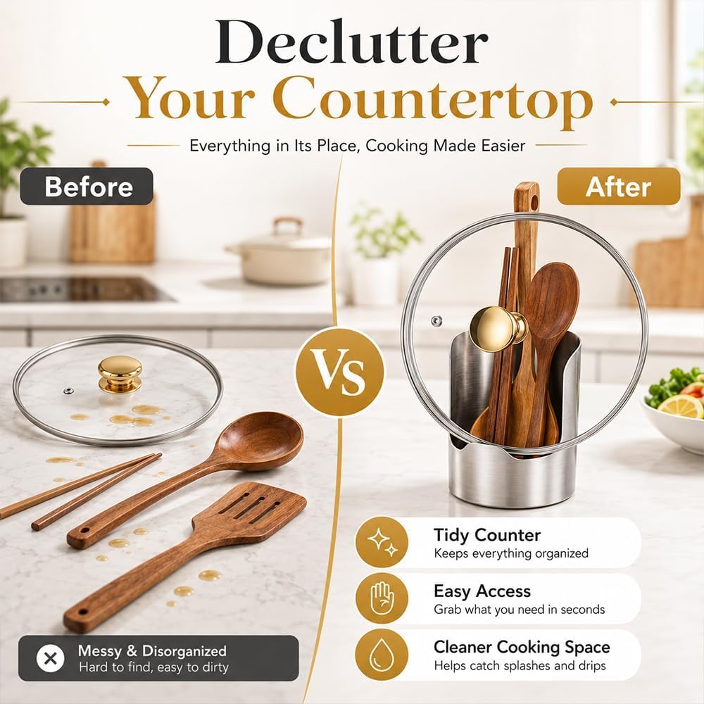 Before and after kitchen countertop organization with stainless steel utensil holder