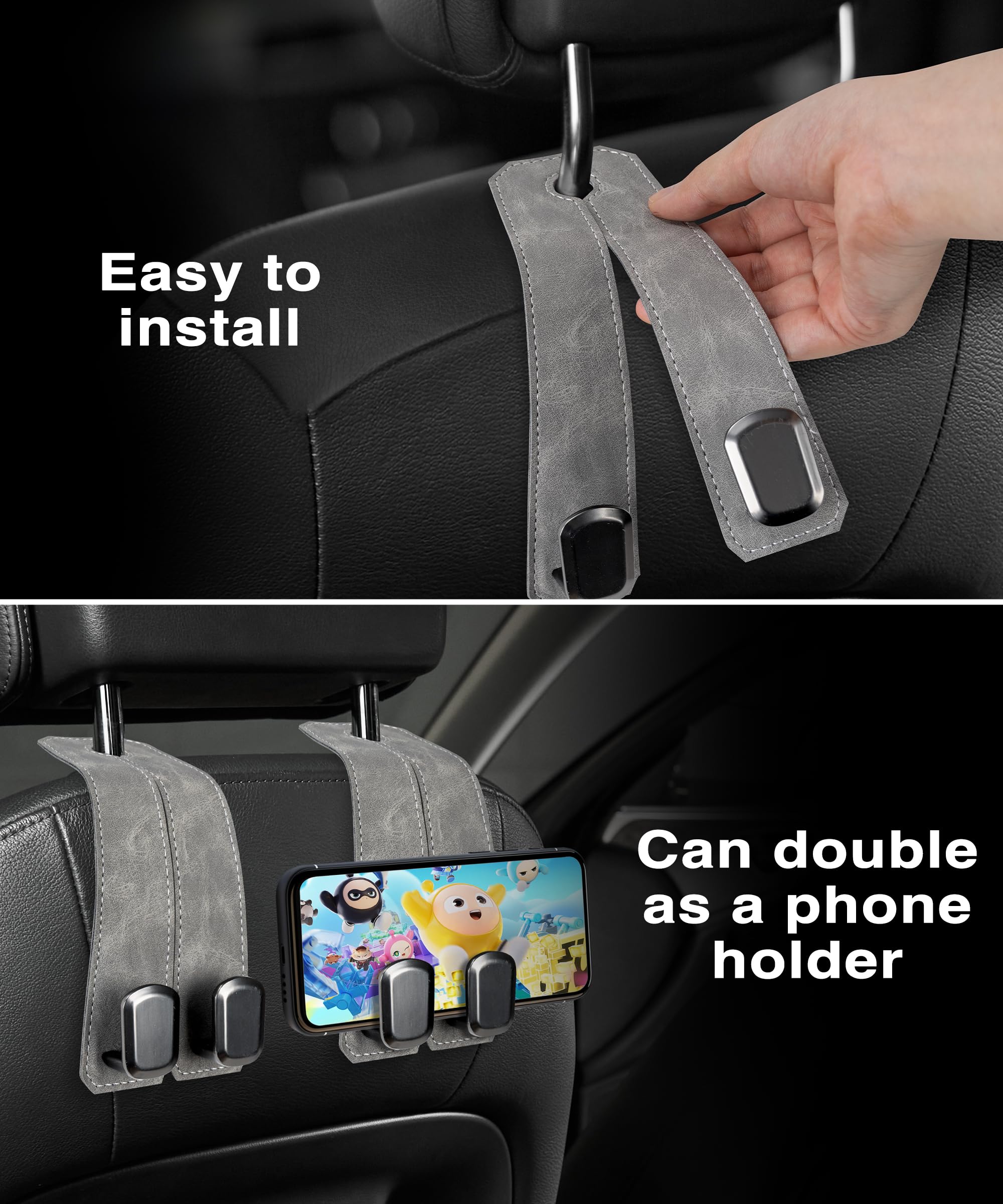 Easy install car headrest hook that can also function as a phone holder