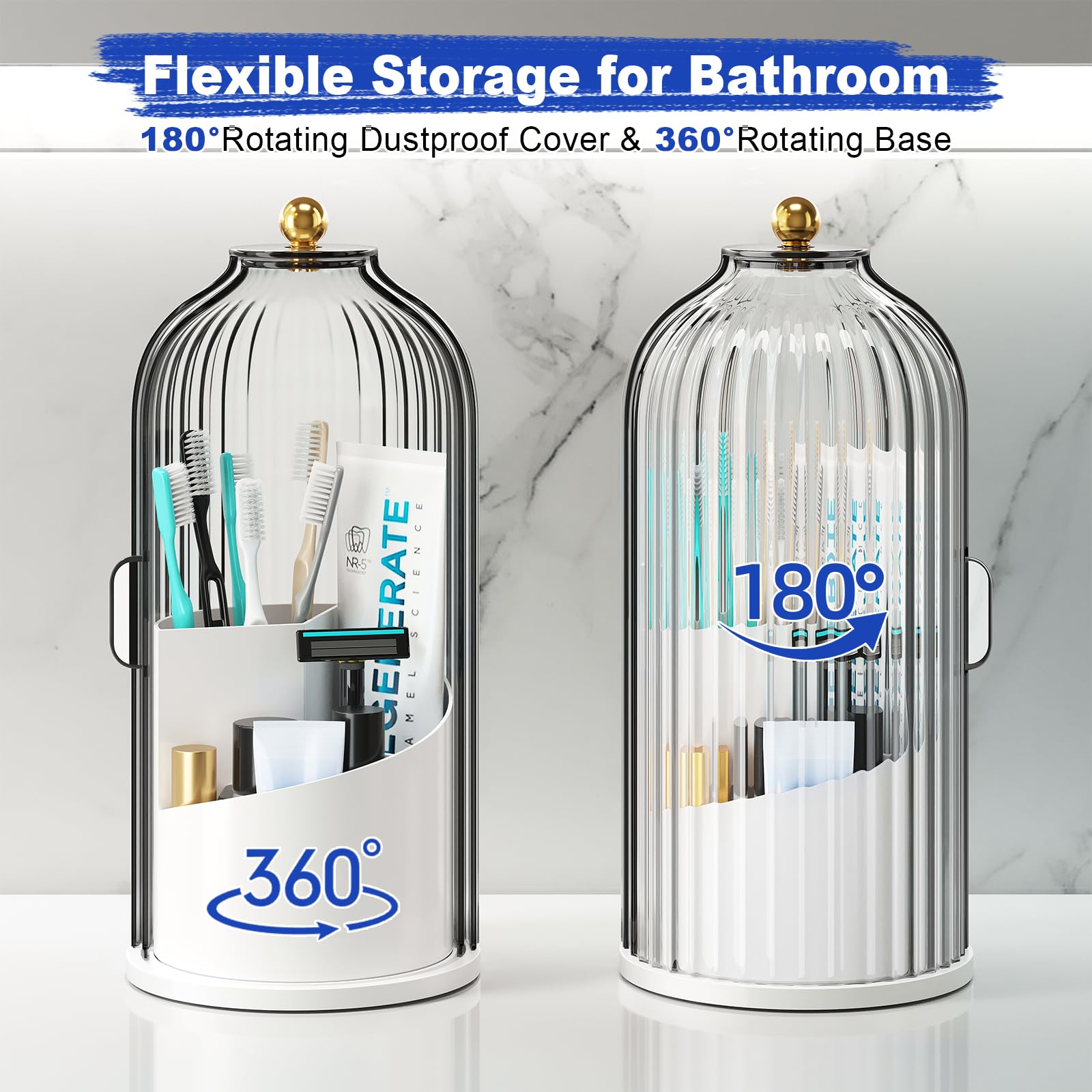 Covered toothbrush organizer shown open and closed with 180 degree cover and 360 degree rotating base
