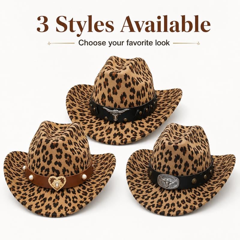 Three leopard print cowboy hat styles