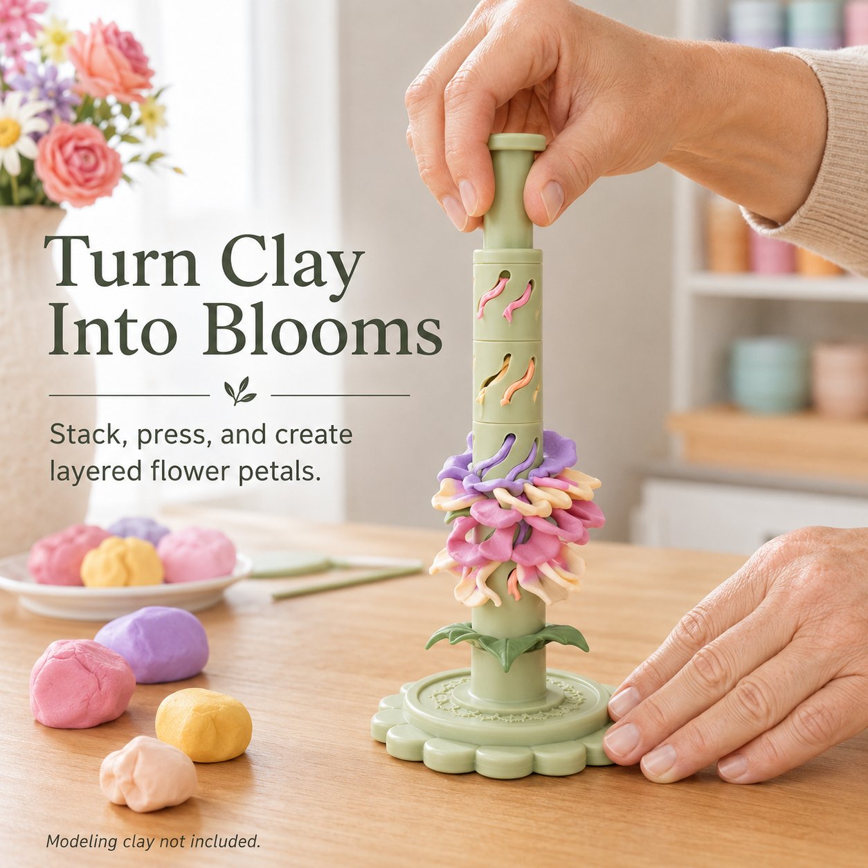 Hands pressing the sage green modular bloom maker as colorful modeling clay forms layered petals
