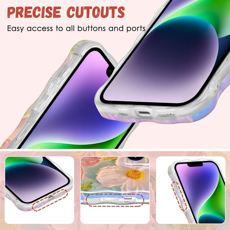 Product Introduction of Compatible with Case for IPhone 15, Colorful Oil Painting Flower Pattern Cute Curly Wave Frame Exquisite Phone Case for Girls Women, Protective Phone Cover Compatible with IPhone 15- Green 5