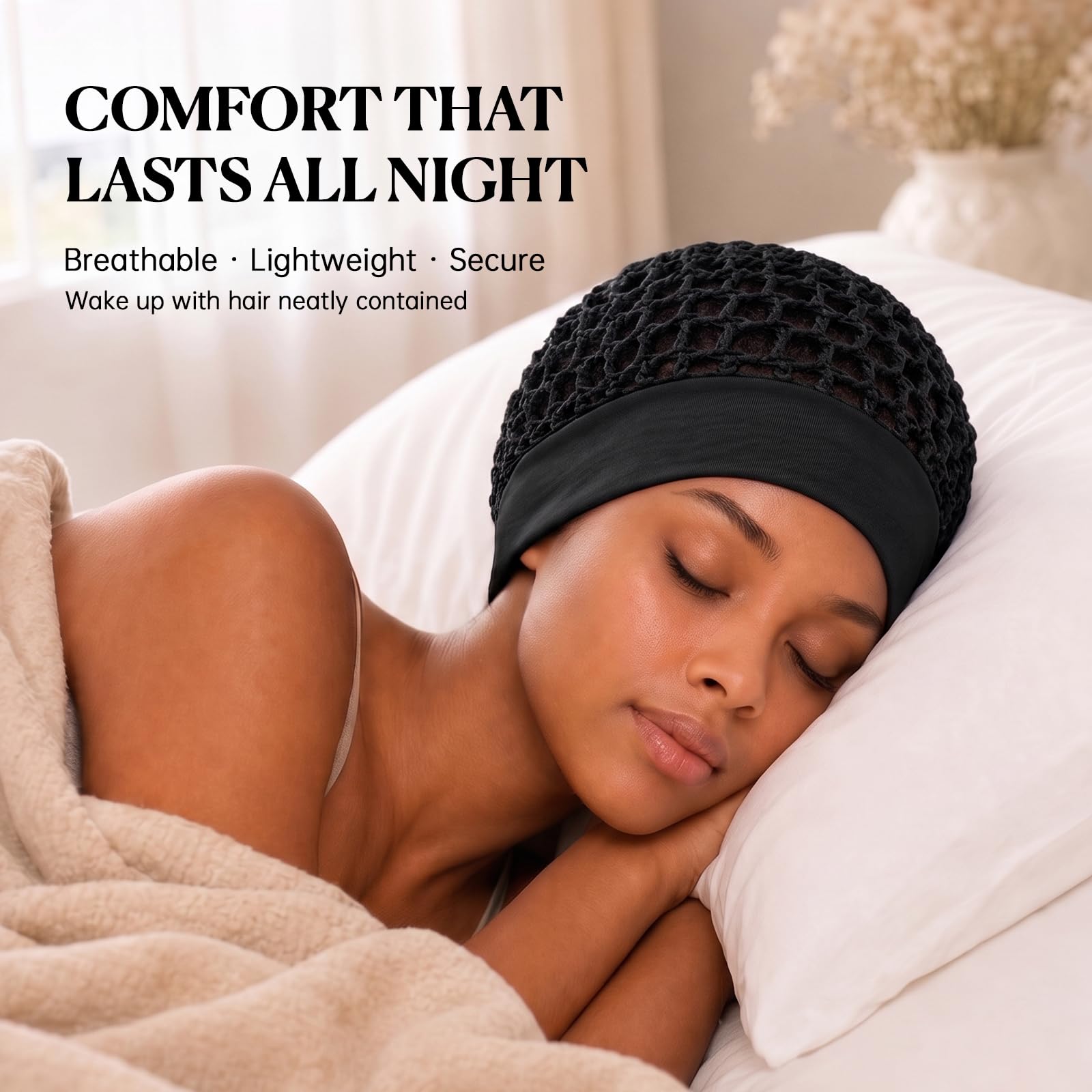 Woman sleeping comfortably in a breathable black crochet hair cap with an ultra-wide soft band