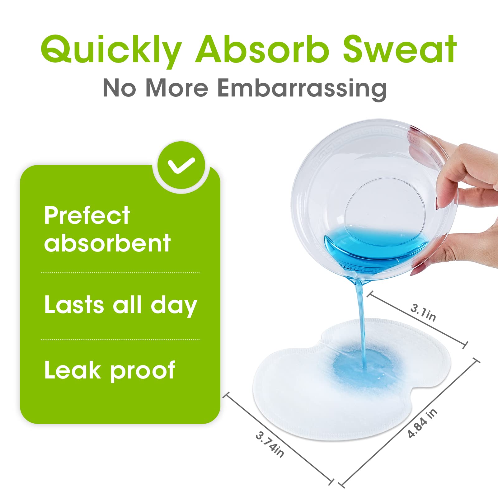 Product dimensions showing 4.84 inches by 3.74 inches and leakproof demonstration