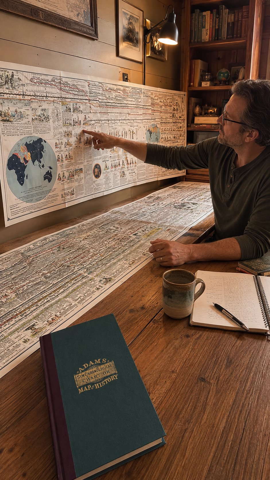 Customer holding the hardcover history chart with the unfolded timeline displayed on her home wall