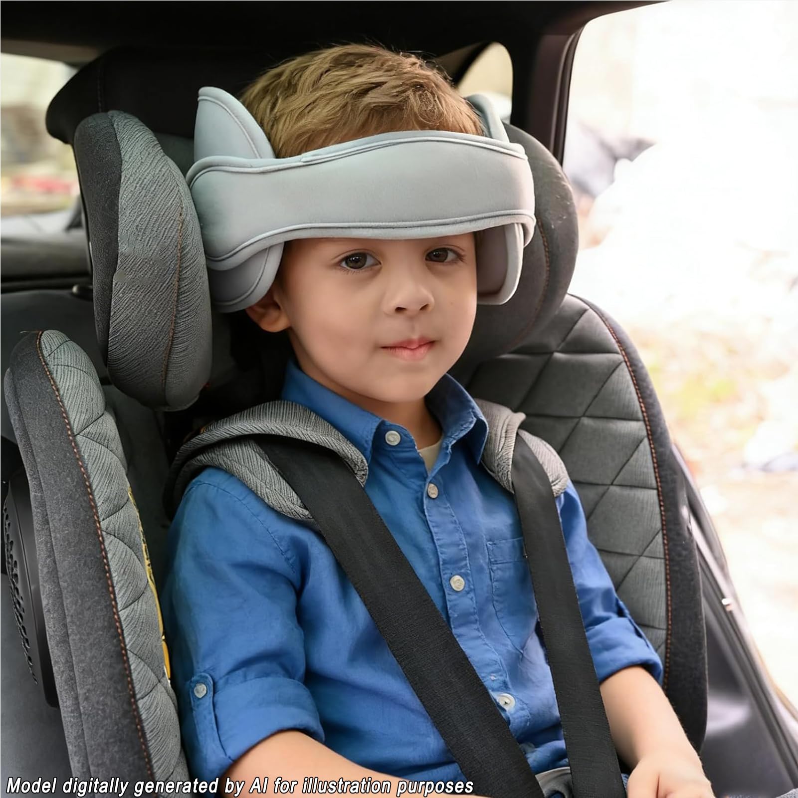 Child sleeping peacefully in car seat using head support holder