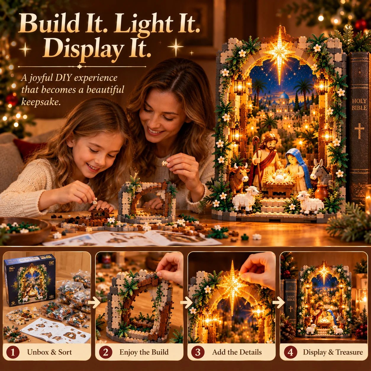 Family building and illuminating Bethlehem Nativity building block set