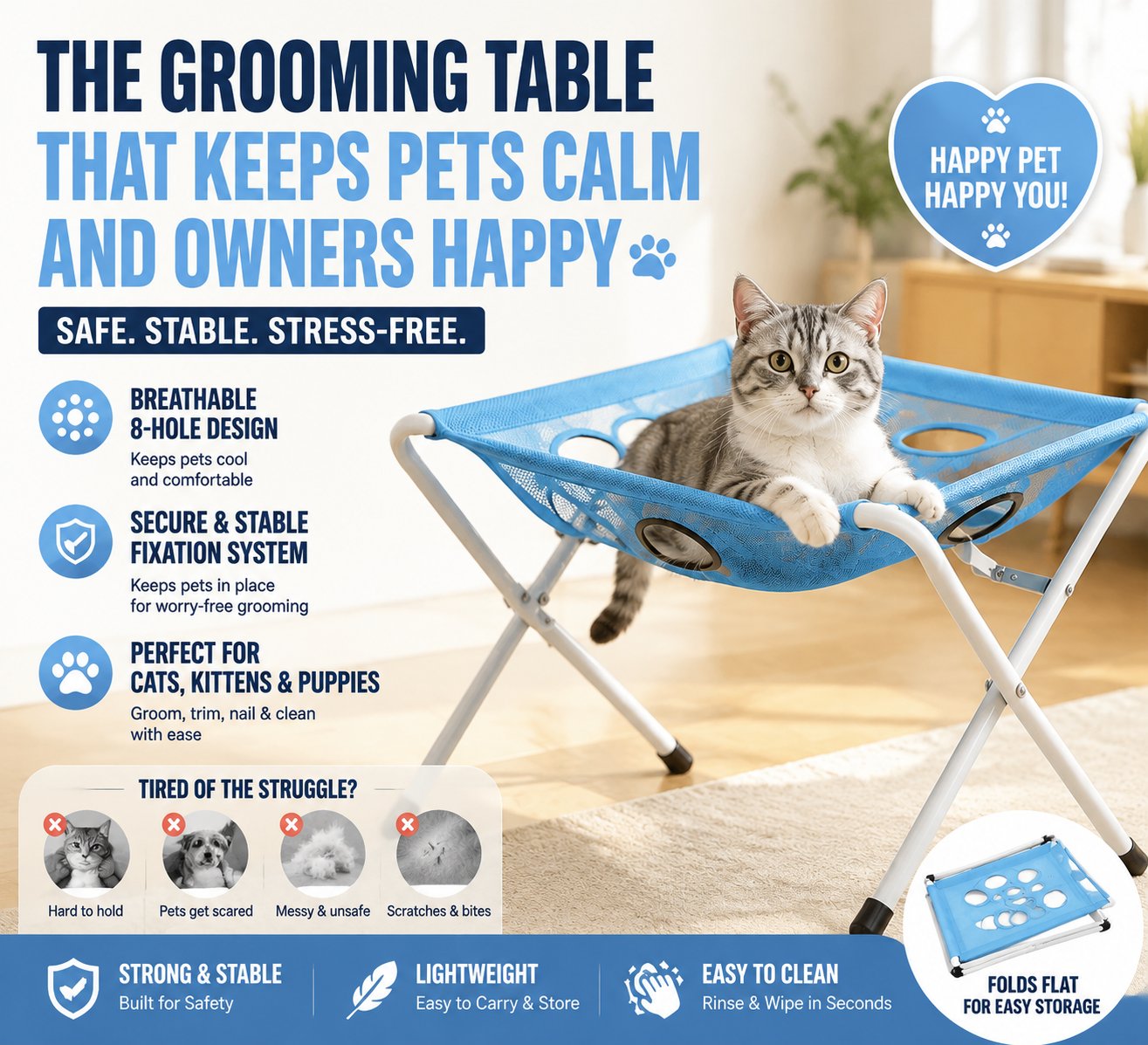 Pet grooming hammock table for easier home nail trimming and pet care