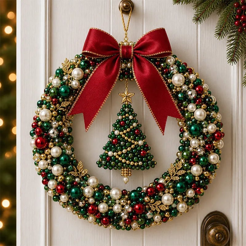 Finished handmade classic Christmas pearl wreath displayed on a door