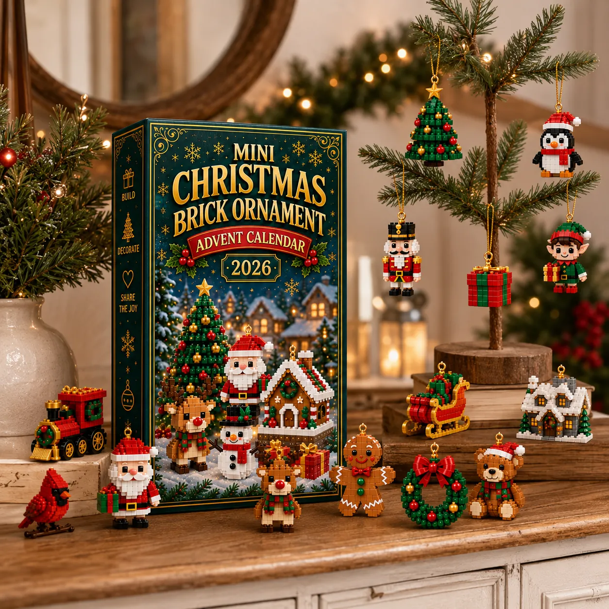 Mini-juldekorationer på ett bordsjulträd och en byrå