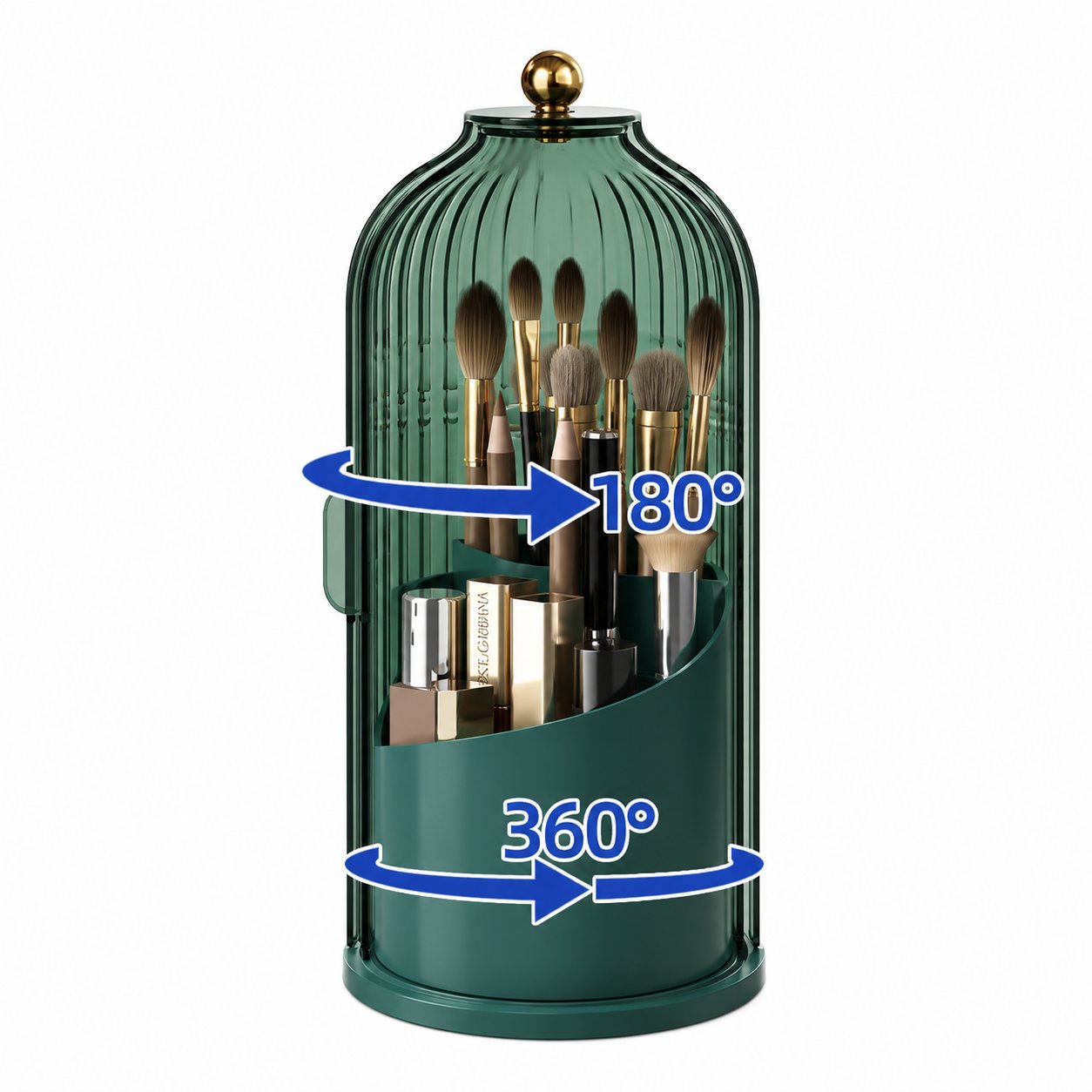 Deep green rotating covered organizer holding makeup brushes with 180 degree cover and 360 degree base