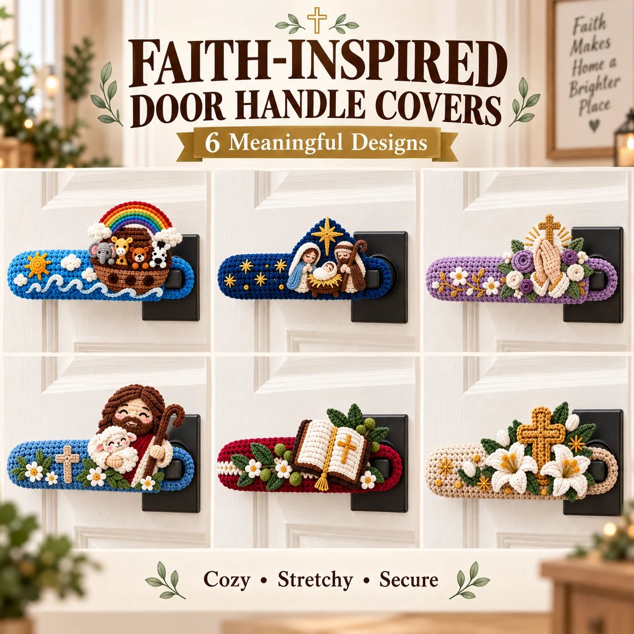 Faith-inspired hand-crocheted door handle cover shown on a home door handle.