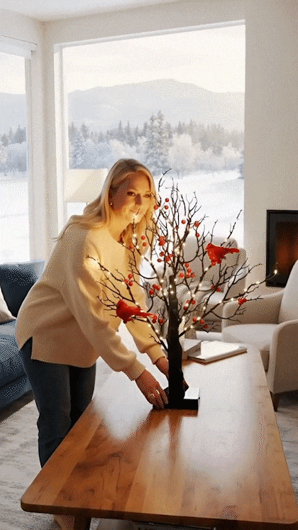 LED vintage glowing tree with warm lights and red bird accents