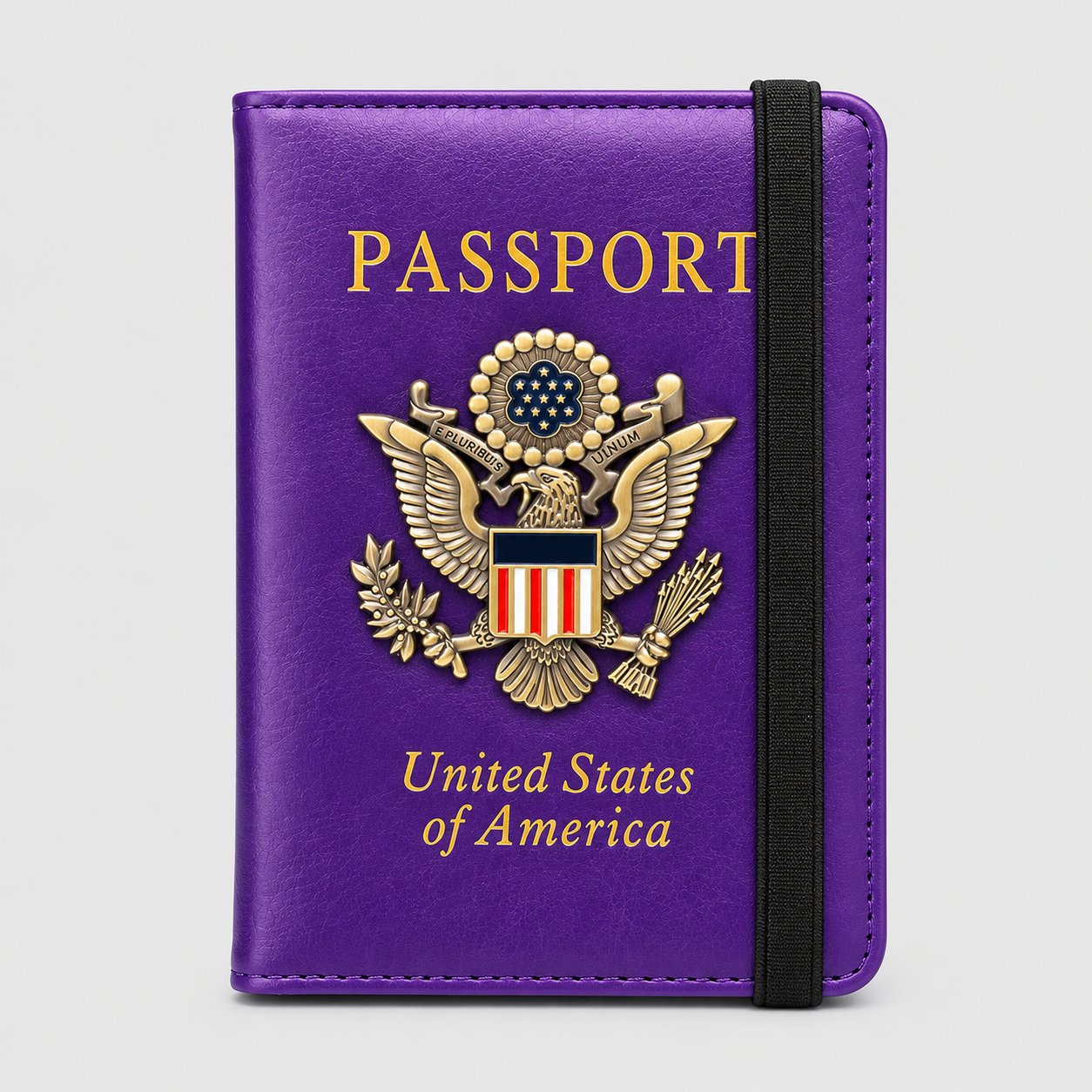 Purple passport holder with a gold-tone 3D metal eagle badge and black elastic closure
