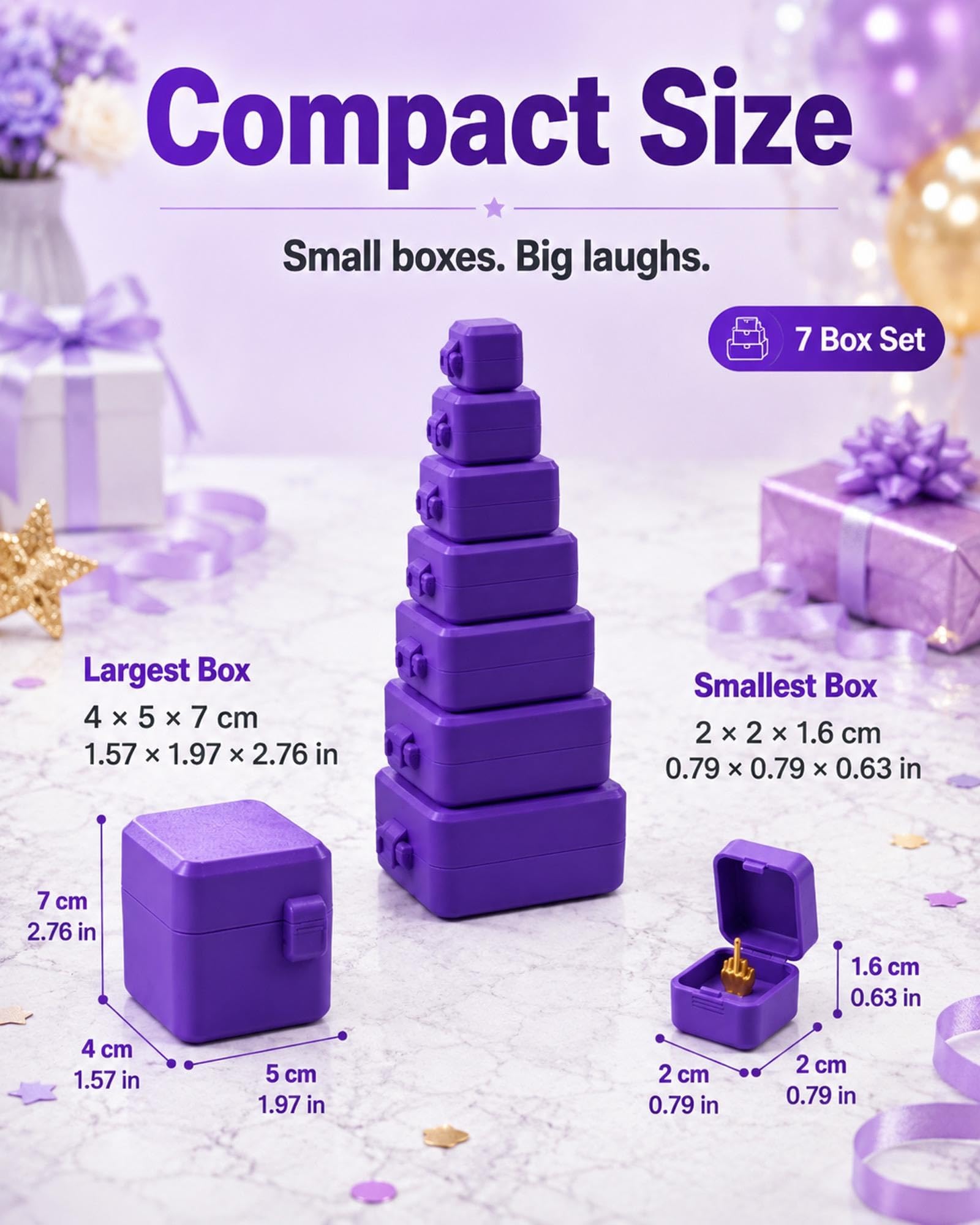 Compact dimensions of the largest and smallest boxes in the seven-box prank set