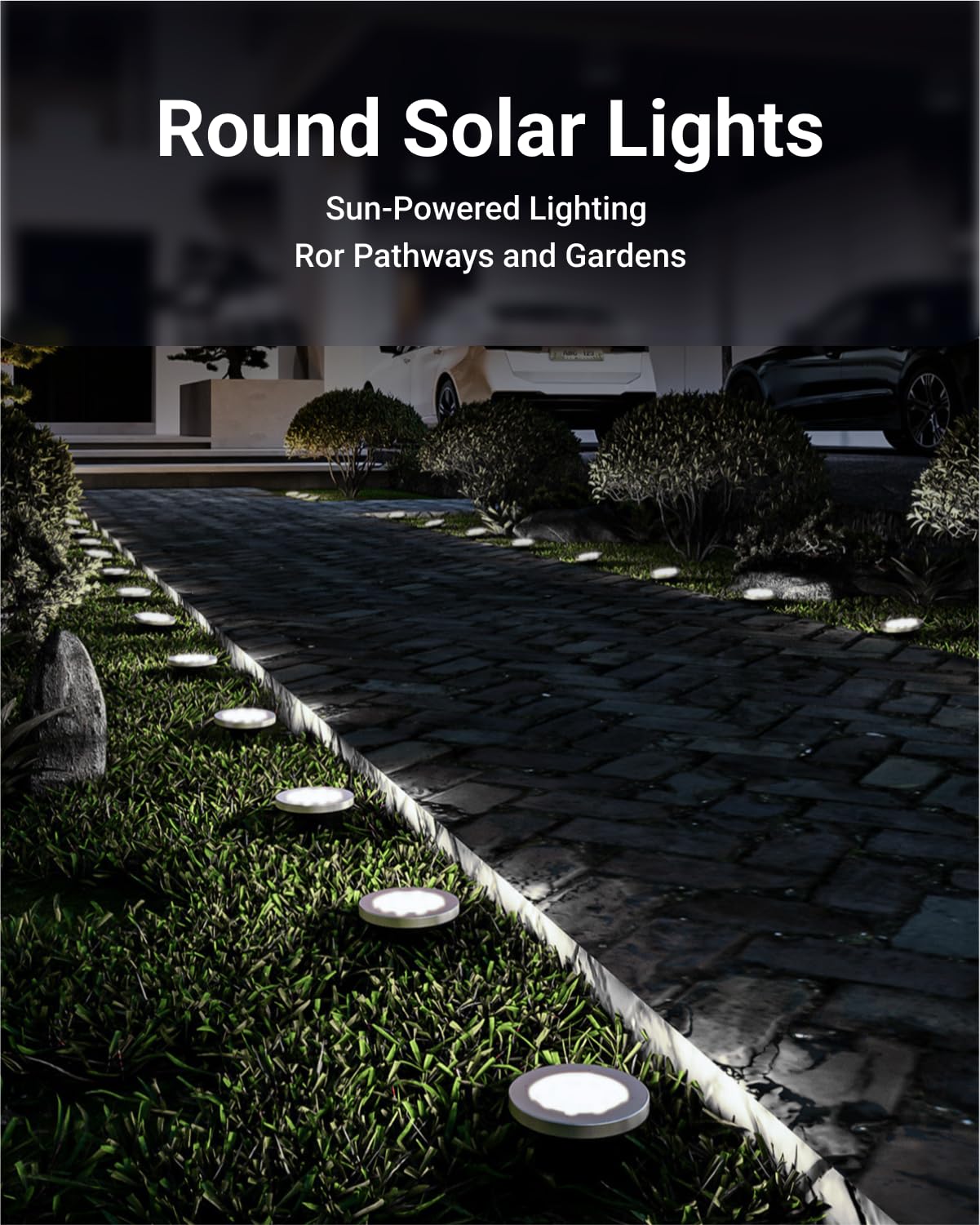 Solar pathway lights arranged along a landscaped driveway