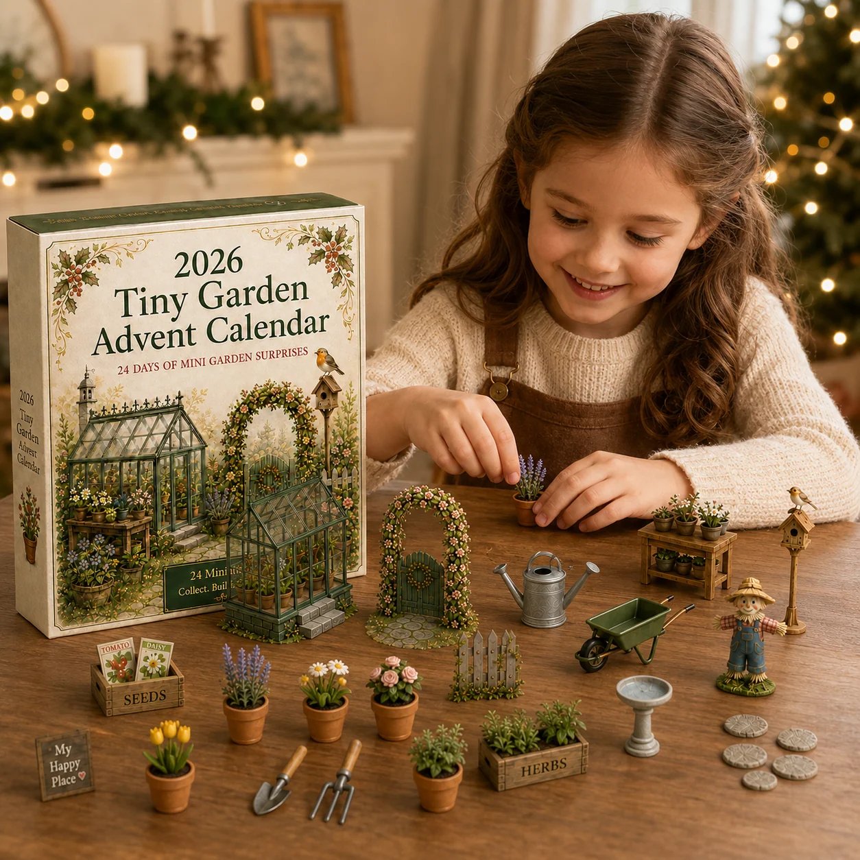 Girl playing with Tiny Garden Advent Calendar miniatures