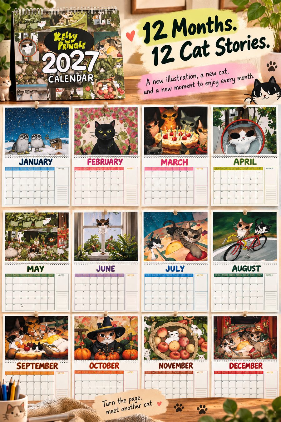 Twelve illustrated months of the Kelly Pringle cat calendar