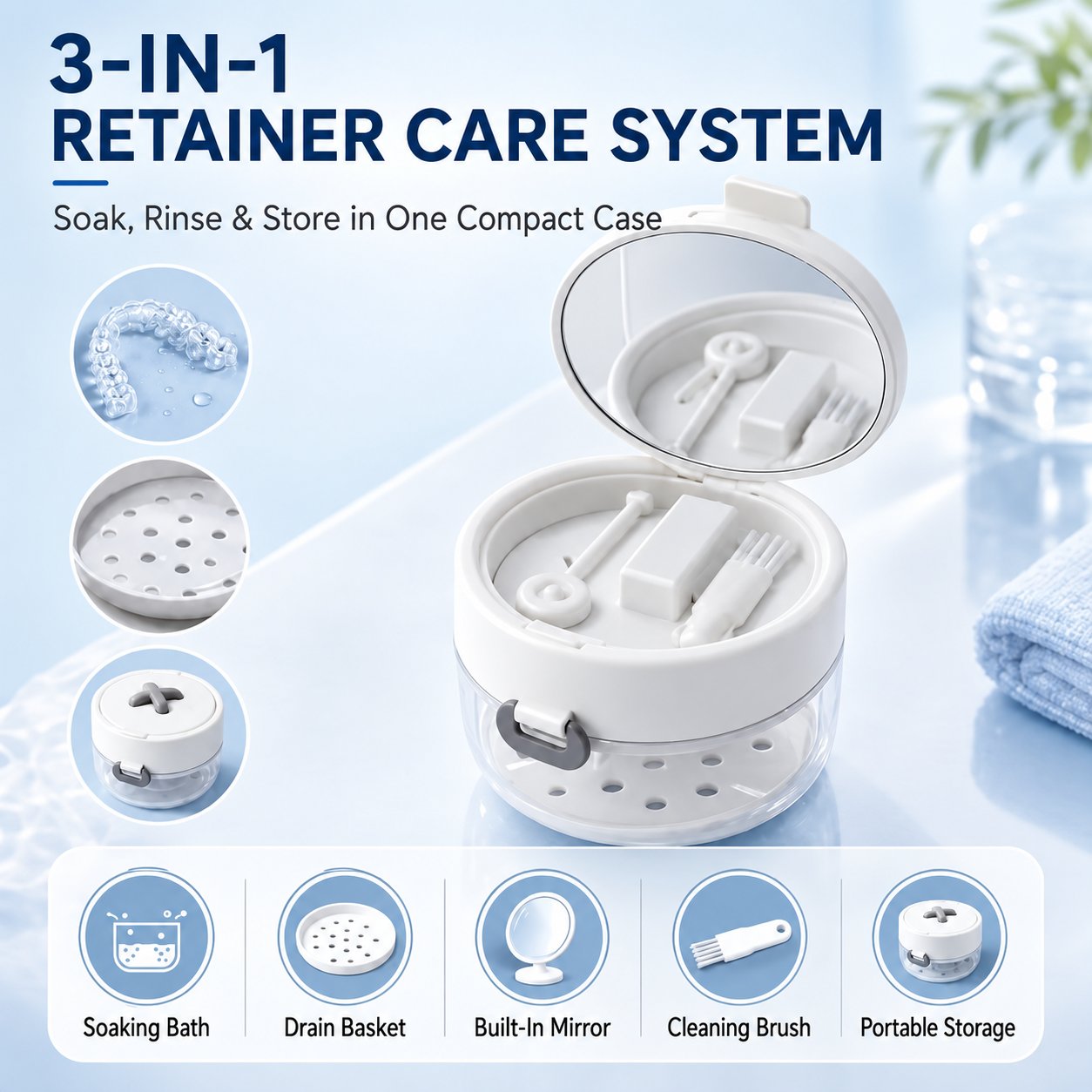 3-in-1 retainer care system with soaking bath, drain basket, mirror and cleaning brush