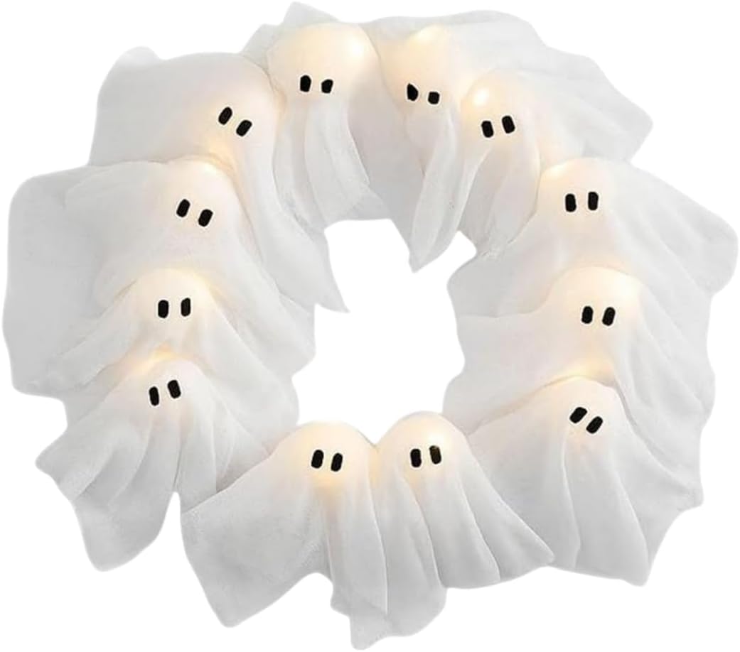 🎃 Handcrafted Adorable Ghost Halloween Wreath for Front Door – 🍁16-Inch Handmade Fall Decor 🎀