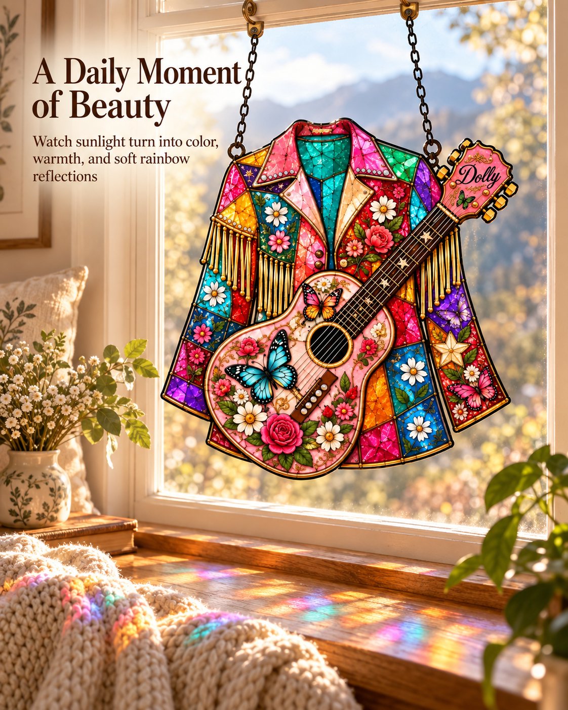 Stained glass suncatcher glowing in natural sunlight with colorful reflections