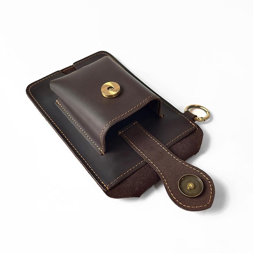 Vintage Cowhide Belt Waist Bag for Men - Multifunctional Phone & Card Holder with Keychain Genuine leather Belt Bag hiking waist bag Leather phone case with belt loops cell phone holster Keychain Holder bag  for Outdoor Hiking Travel bag hip